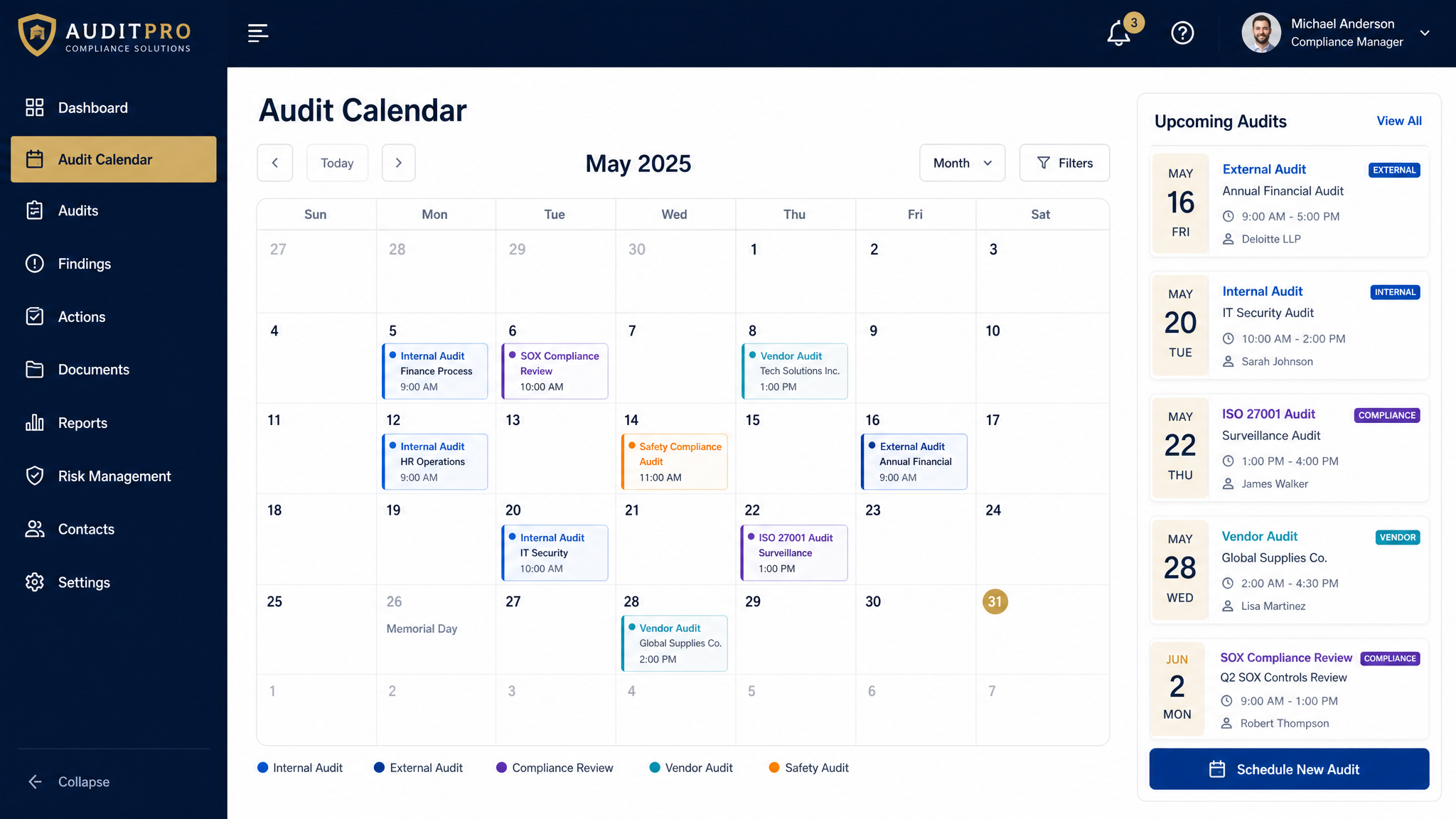 Audit Calendar module interface showing schedule internal, external, surveillance, recertification, 