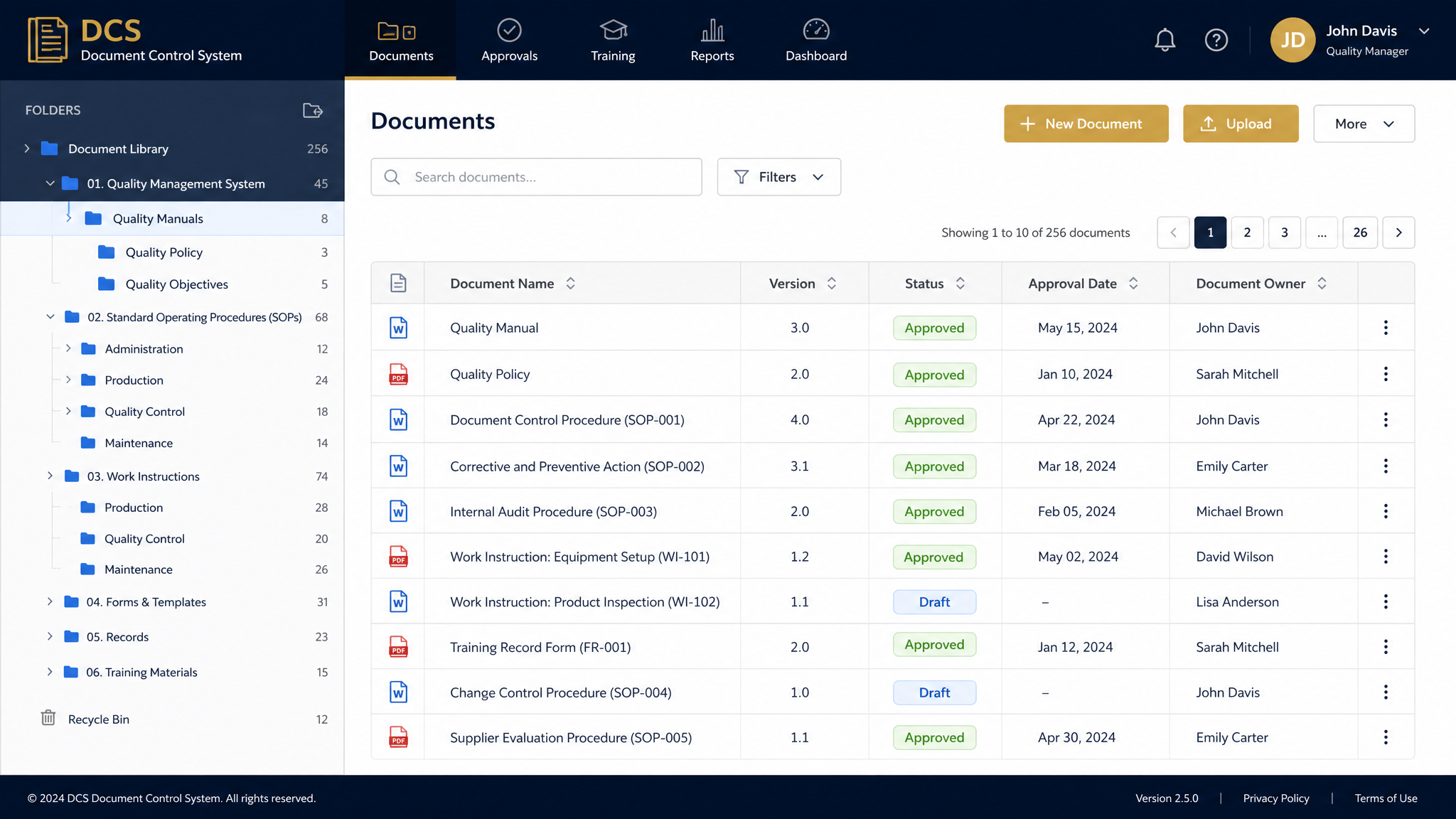 Document Control module interface showing cloud-based document management with version control, approv