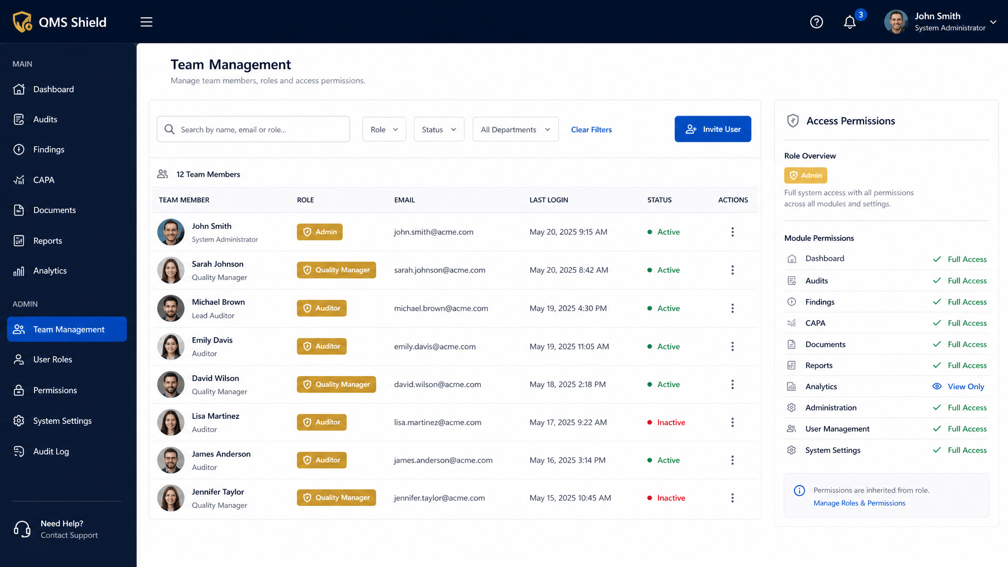 Team Management module interface showing invite team members by email, assign roles, and manage acces